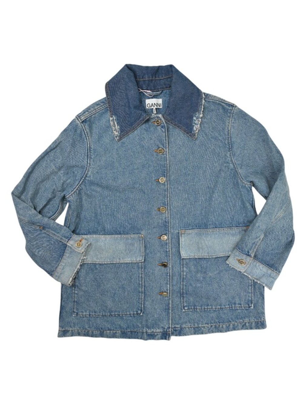 Ganni Patchwork Denim Midi Jacket in Mid Blue Vintage